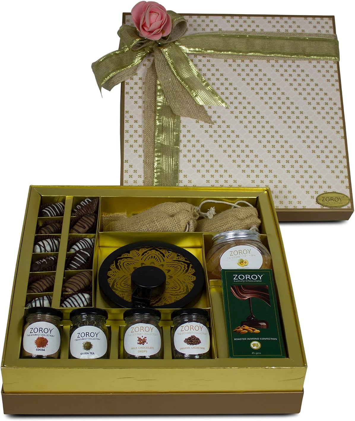 ZOROY Luxury Chocolate The Elegance Hamper box of chocolates, dates, assorted goody jars and t light candle holder For Celebration | Festive | Birthday | Rakhi | Diwali | Christmas | New Year | Eid Mubarak | Corporate Gift Hamper |