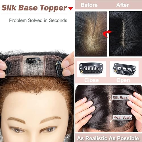 Miniatura 5 de Hairro Extensiones de cabello humano con pinzas para mujer, 4 x 4.7 pulgadas, base de seda de 130 % de densidad, para pérdida de cabello, cabello