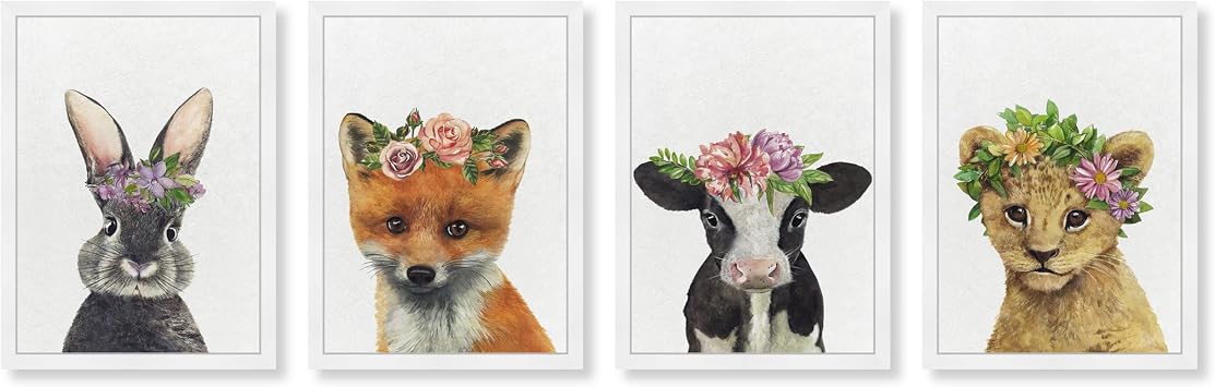 Wynwood Studio Animals Contemporary Baby Zoo Canvas Wall Art FLORAL ANIMAL SET Living Room Bedroom and Bathroom Home Decor 13 in x 19 in White and Brown