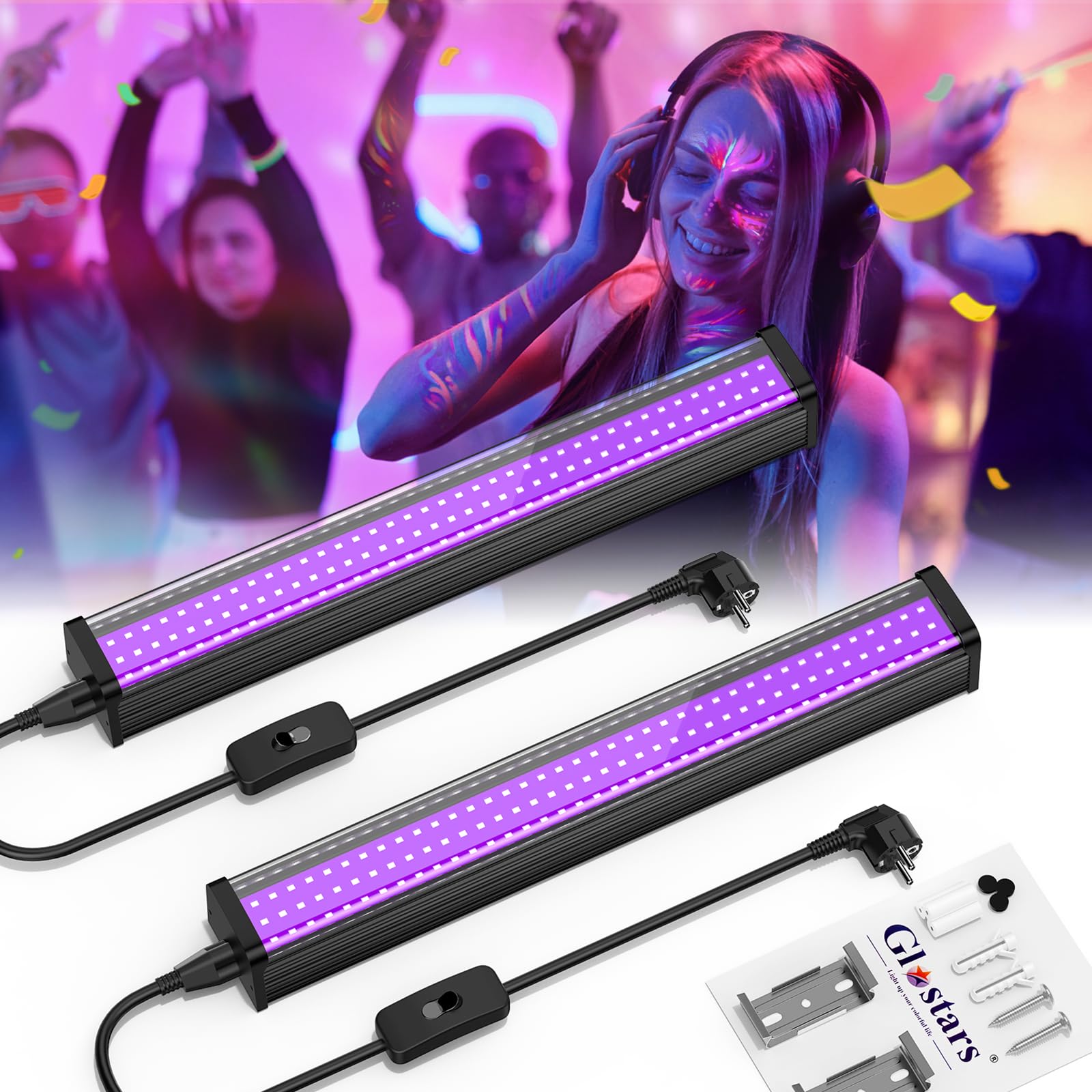 Glostars Lumière Noire 26W, 395nm Lampe UV, Lumière Noire LED avec Interrupteur et Prise, Chaque Zone Eclairée 18x18ft, pour les Lumiere Noire Soiree Fluo, Disco, DJ