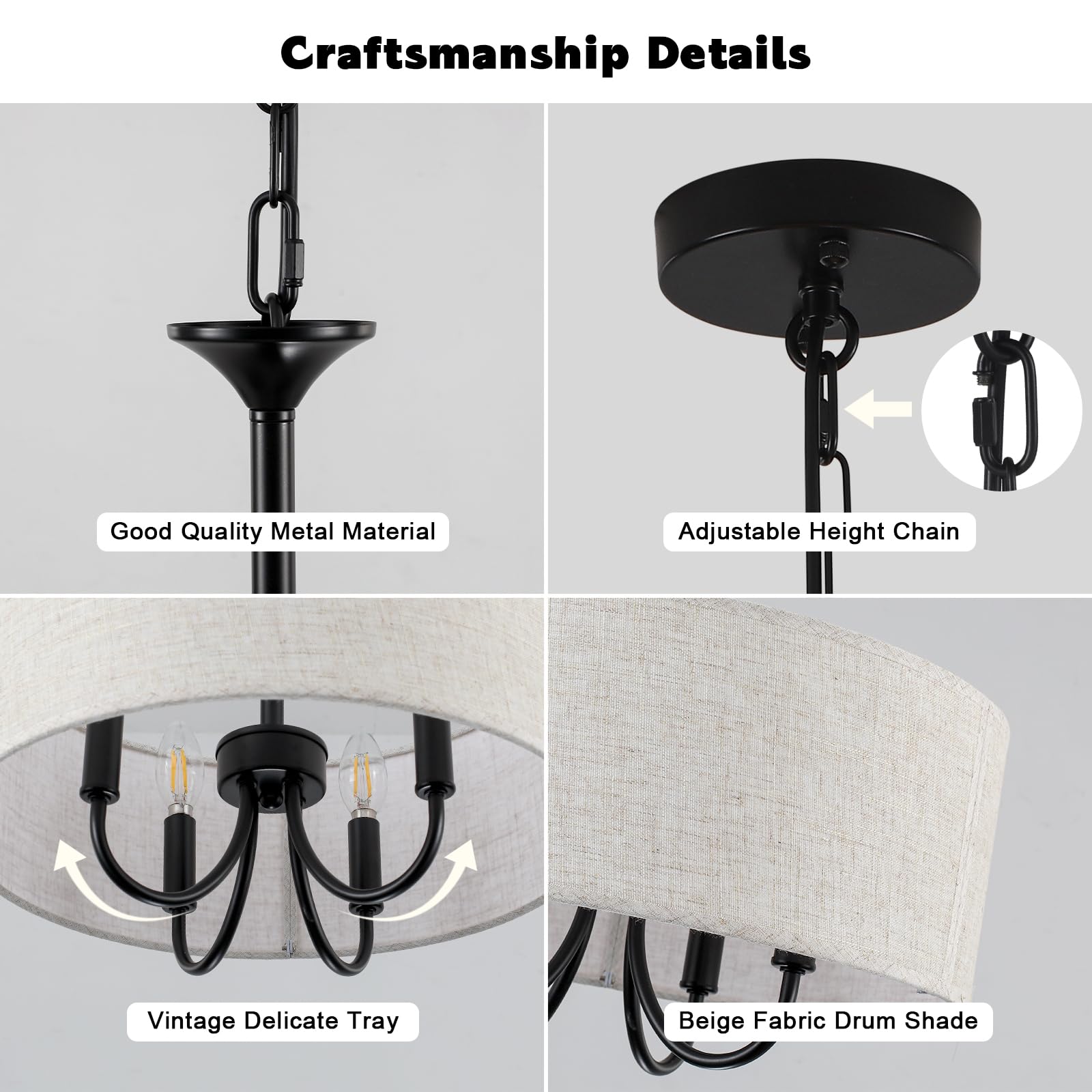 Schwarze Kronleuchter, 4 Flammig Deckenlampe Kronleuchter, E14 Schwarze Pendelleuchte mit Stoffschirm, Moderne Deckenlampe Kronleuchter für Küche, Flur, Schlafzimmer, Esszimmer