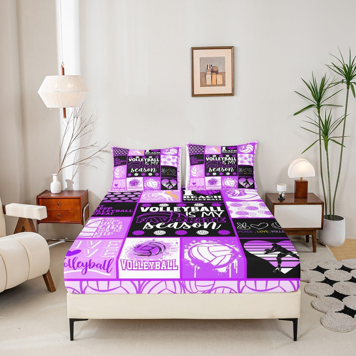 Kids Volleyball Fitted Sheet Twin Size Balls Sports Bedding Set 2pcs for Girls Teens Boys Bedroom Decor Fashion Geometric Patchwork Plaid Bed Sheet Purple Black Deep Pocket Sheet,1 Pillowcase