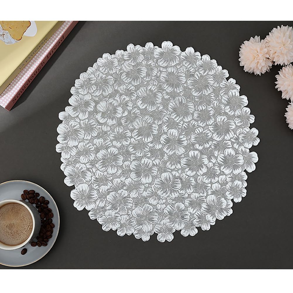 Mignon De Conception De Fleurs PVC Placemat pour Table À Manger - 38 Cm (14,9 Pouces) Mat De Lieu Créatif Rond, Tapis De Table Floral Décor, Décor Artistique Décor De Café Tapis,Argent,16pcs