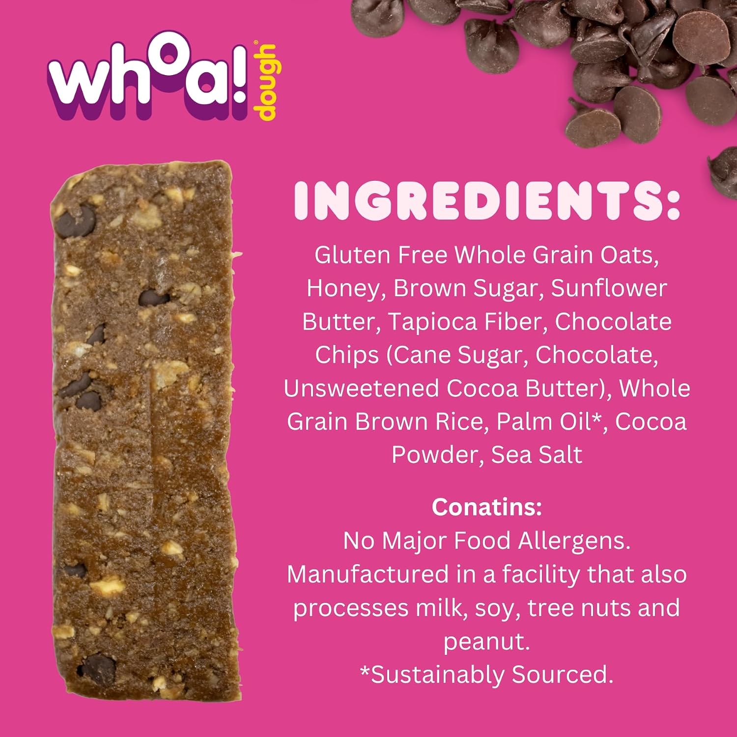 Whoa! Dough Top 9 Allergen Free Chewy Oat Bars - Chocolate Chip | (90) 1.41 oz Individually Wrapped Bars | 5g Fiber, Allergen Friendly, Gluten-Free & Plant-Based Granola Oat Bars