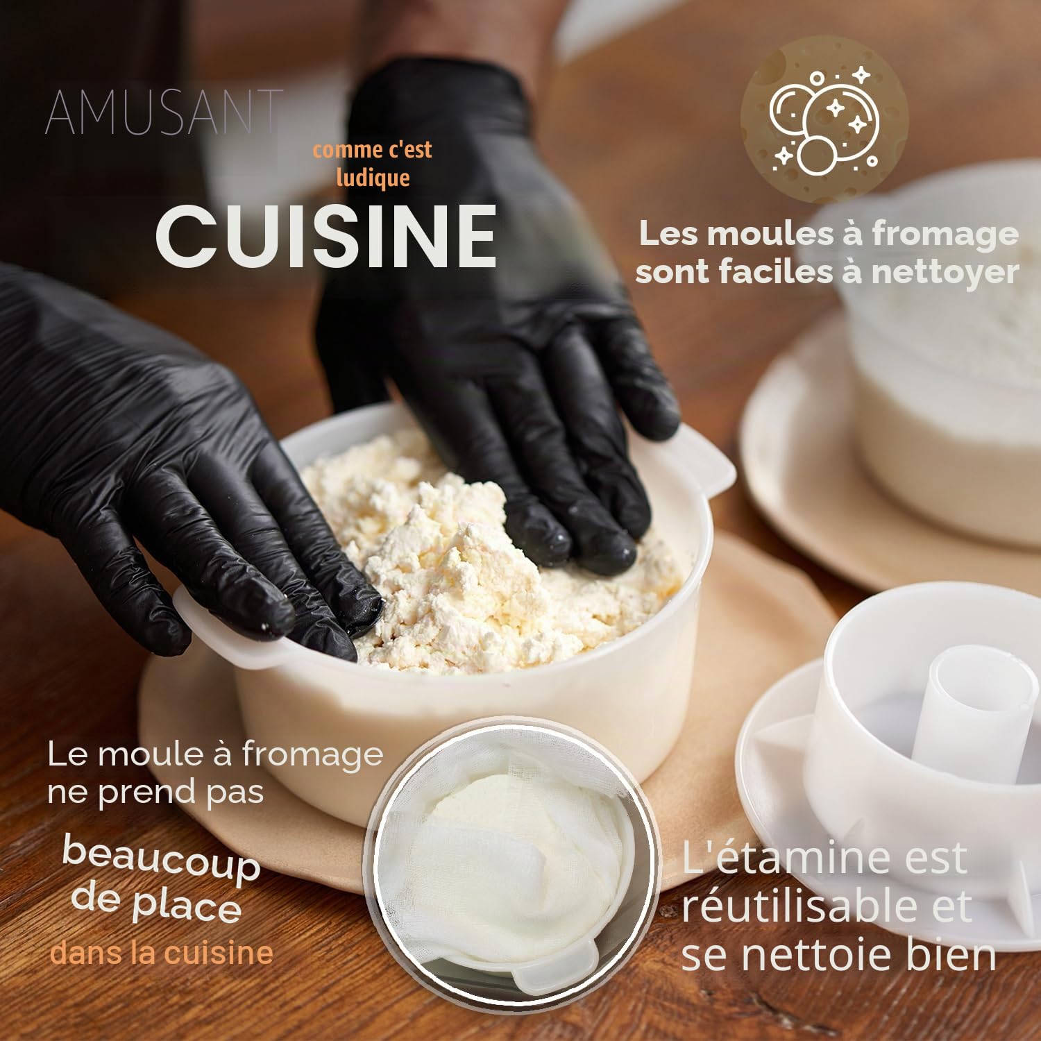 Kit de fabrication de fromage - Moule à fromage avec piston suiveur - Étamine - Panier de fabrication - Chiffon en coton
