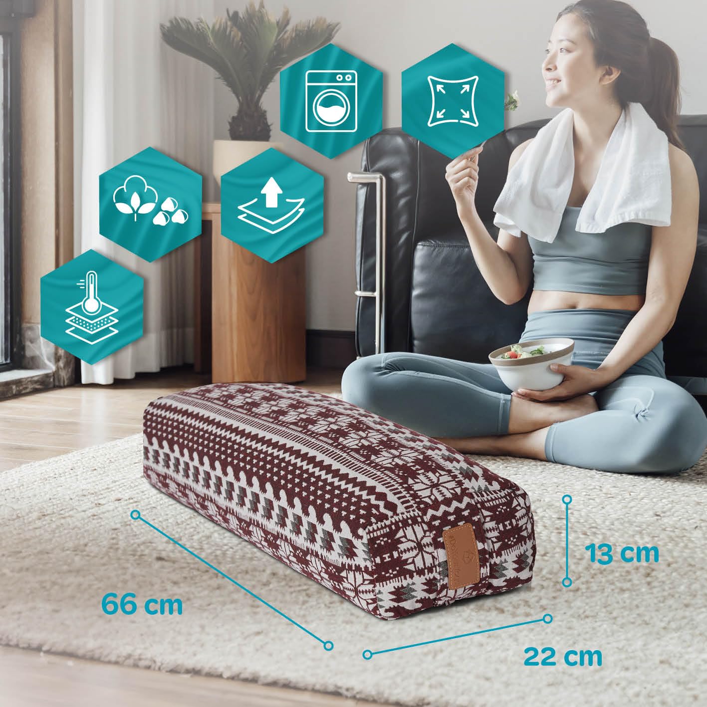 #DoYourYoga Cuscino da yoga "Paravati", 67 cm x 13 cm, imbottito con pupazzo di farro biologico (KBA) o ciotole di grano saraceno biologico (KBA), cuscino da yoga con rivestimento lavabile, cuscino e