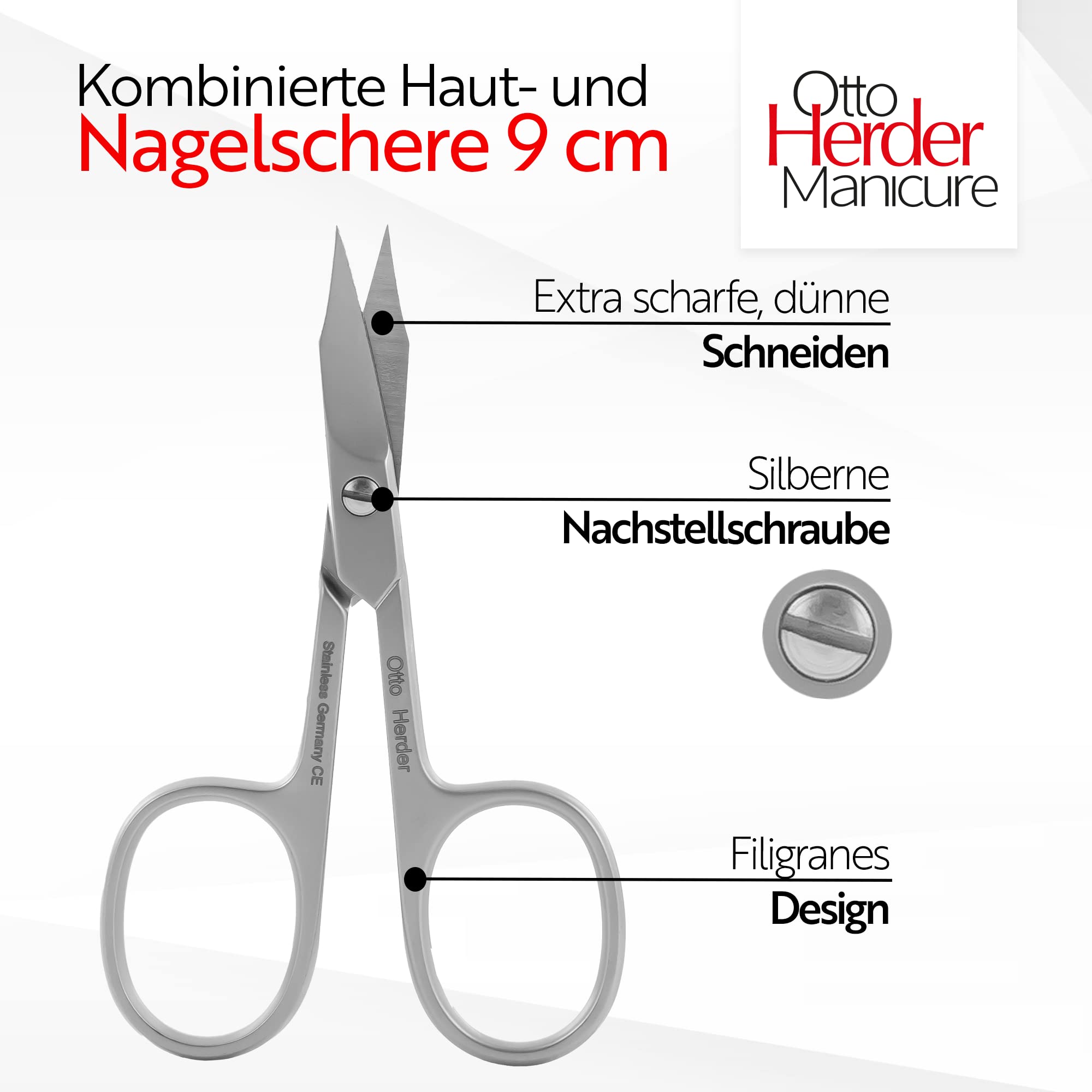 Otto Herder Manicure Tijeras combinadas para cutículas y uñas fabricadas en Solingen, 9 cm, inoxidable, mate, con tope, lijadas a mano para uñas de los pies y cutículas.