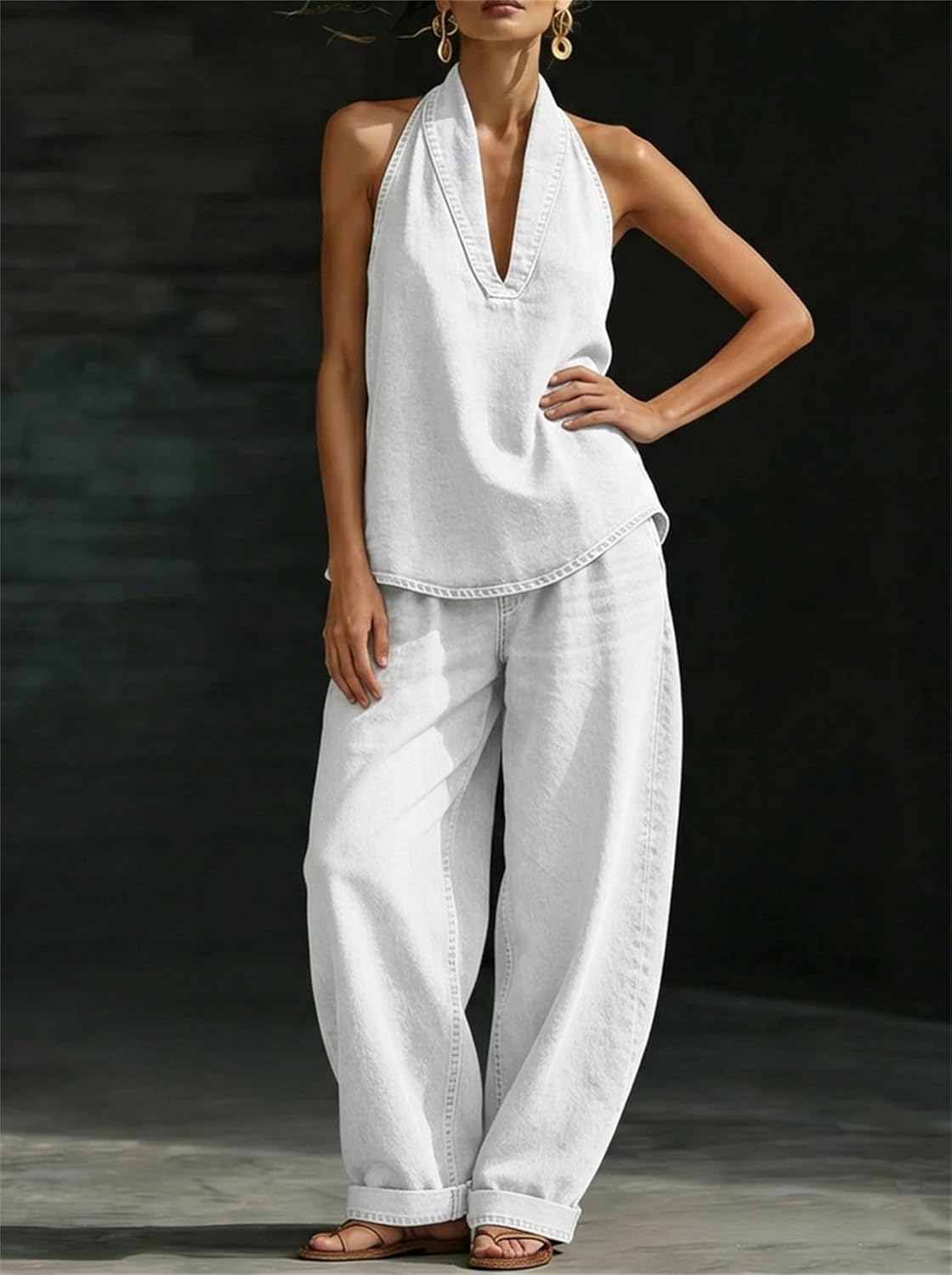 Women's Casual Halter Top & Wide-Leg Pants Set, Denim Set For 2 Piece, Sleeveless Halter Top And Wide-Leg Pants Set