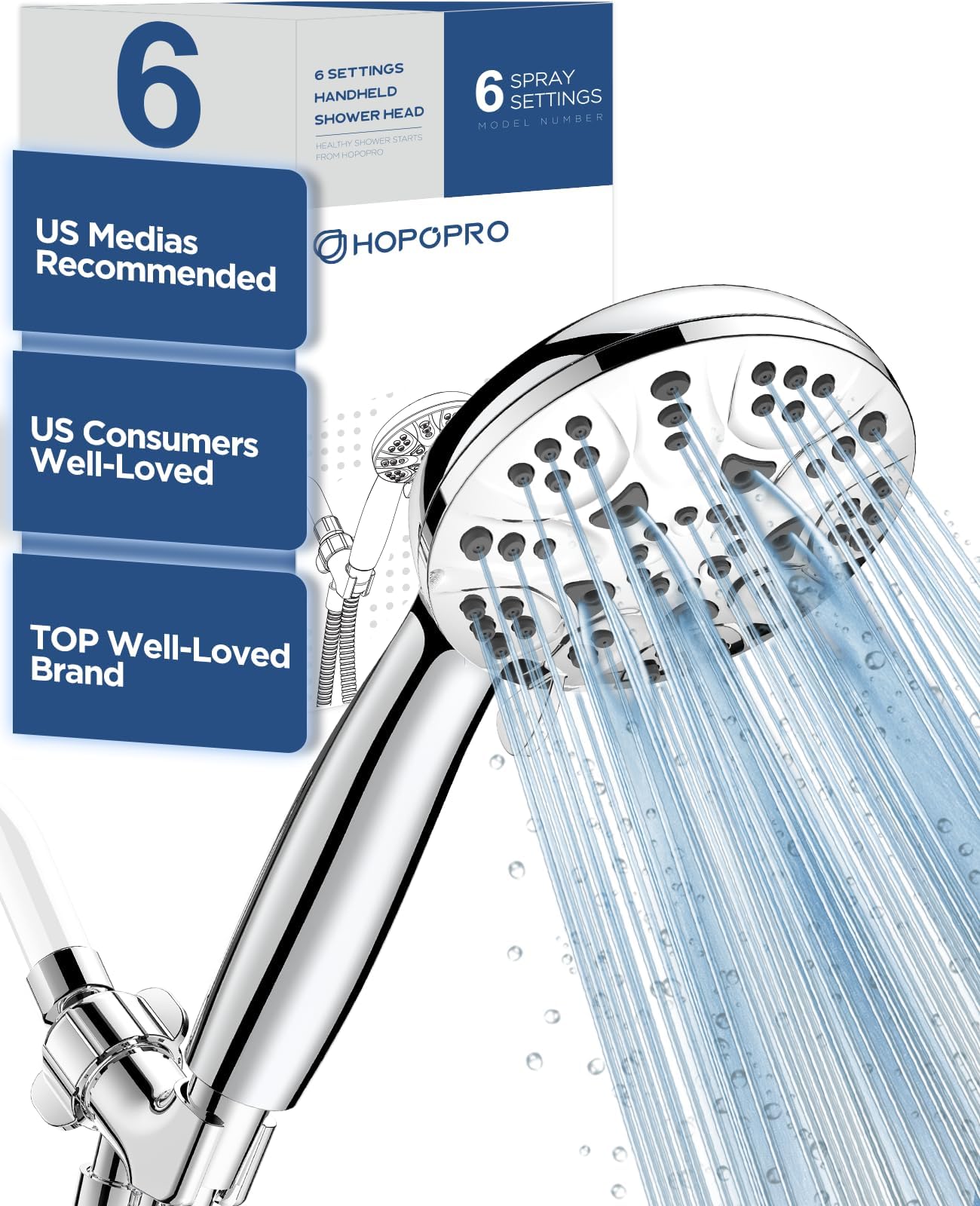 6 Functions Handheld Shower Head Set, 2020 Newest High Pressure Shower Head High Flow Hand Held Showerhead Set with 59 Inch Hose Bracket Teflon Tape Rubber Washers