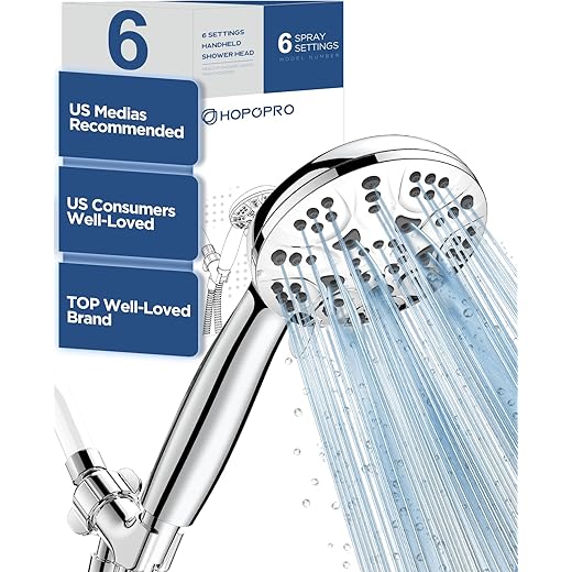 6 Functions Handheld Shower Head Set Hopopro High Pressure Shower Head High Flow Hand Held Showerhead Set with 59 Inch Hose Bracket Teflon Tape Rubber Washers