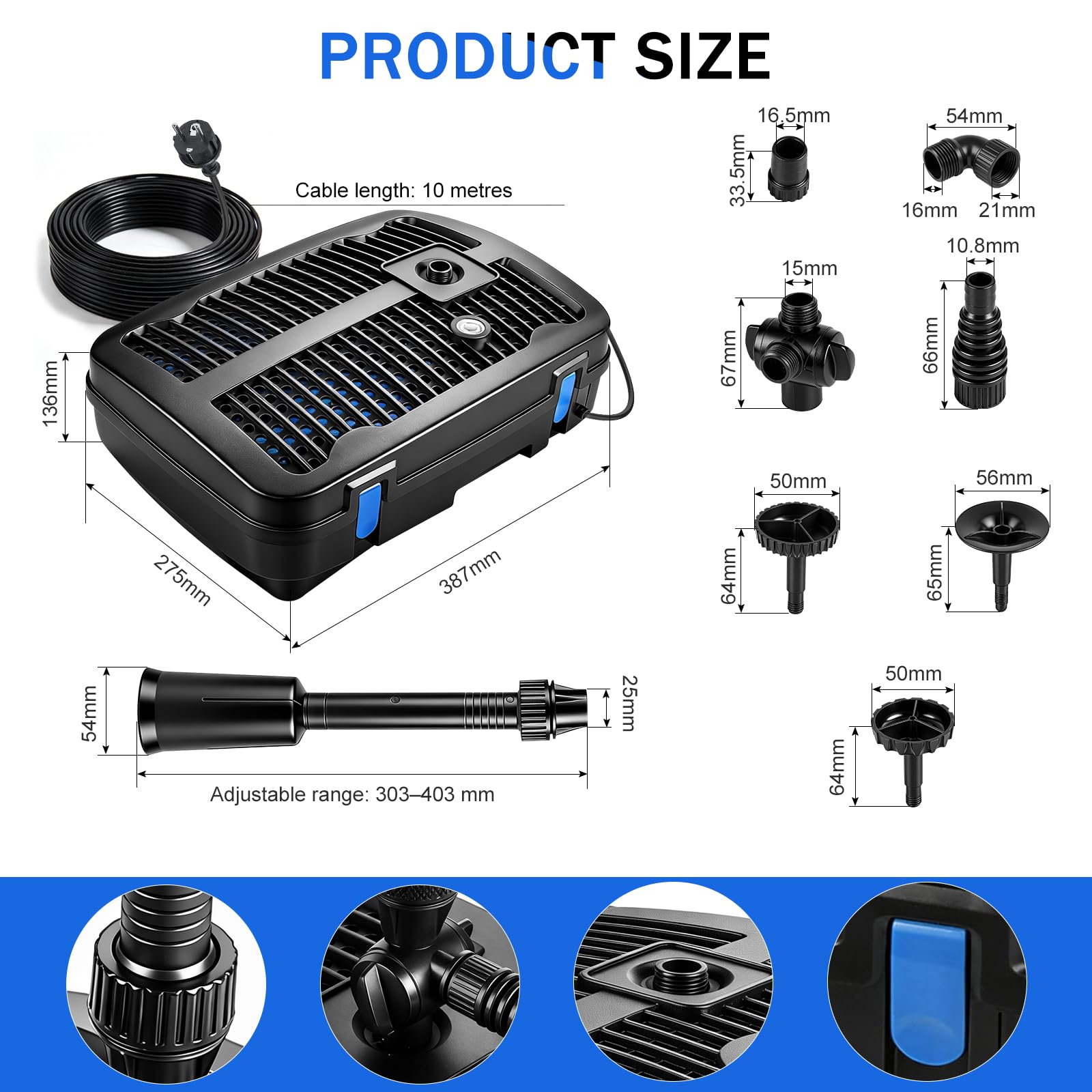 EXLECO 2500 L/h 57W Pompe pour Bassin de Jardin Extérieur avec Lampe UV Aquarium, Filtre avec 3 Têtes de Fontaine, Médias Filtrants, Raccords de Réglage Trois Voies, Câble 10m, pour Poisson Exterieur
