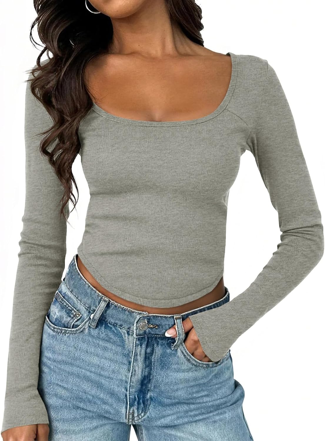 Tankaneo Womens Long Sleeve Shirts Ribbed Knit Fitted Crop Tops Going Out Square Neck Spring Fall Trendy Casual Basic Tees