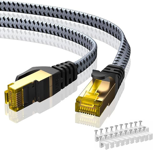 Cat 8 Ethernet Cable 30 FT, ARISKEEN 40Gbps 2000Mhz High Speed Cat8 Network LAN Patch Cord, Nylon Braided High Duty Shielded RJ45 Flat Internet Cable with 15 Clips for Indoor Outdoor - 30 Feet (Grey)