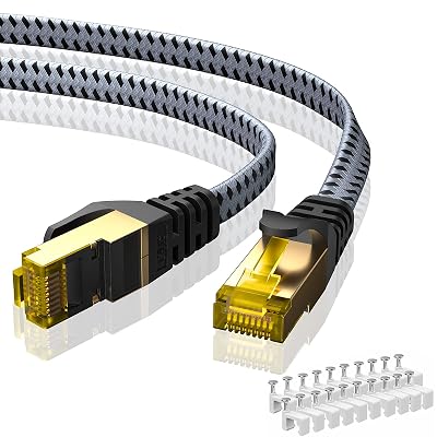 ARISKEEN Cat 8 Ethernet Cable 50 FT, 40Gbps 2000Mhz High Speed Cat8 Network LAN Patch Cord, Nylon Braided Heavy Duty Shielded RJ45 Flat Internet Cable with Clips for Indoor Outdoor - 50 Feet (Grey)
