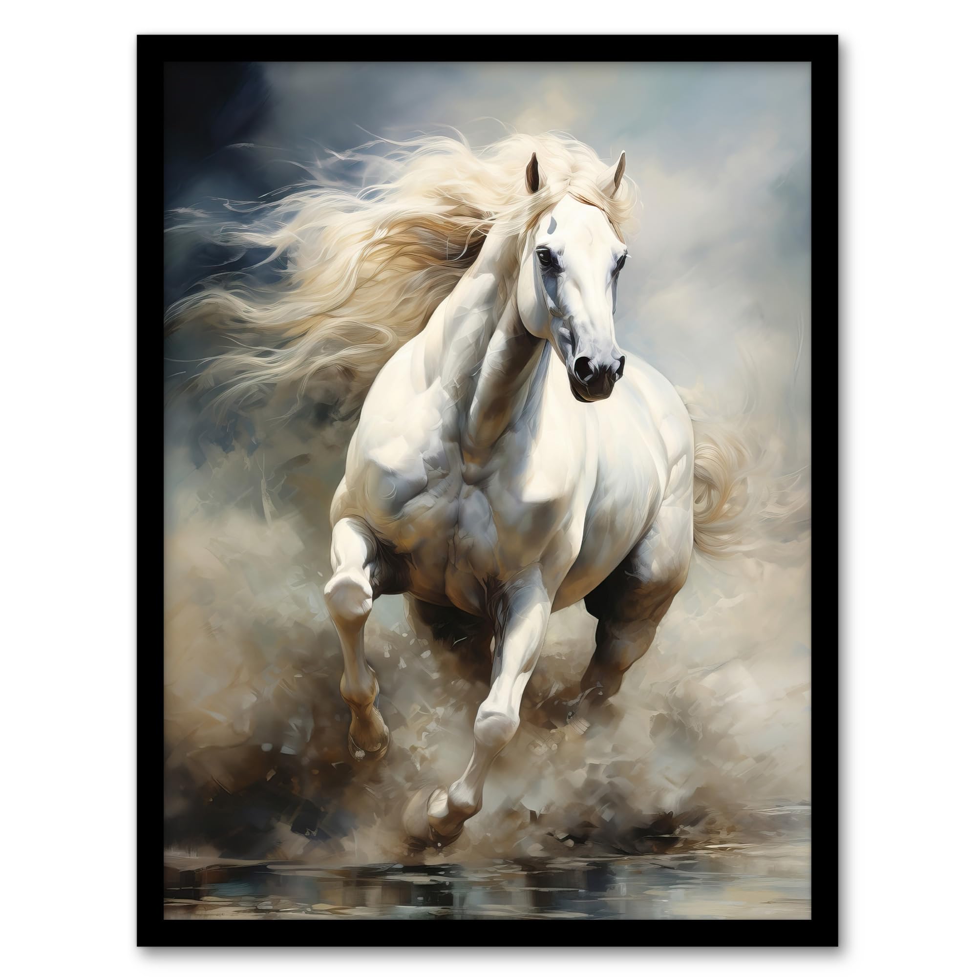 Artery8 Wild White Horse Majestic Mane Oil Painting Artwork Framed Wall Art Print A4