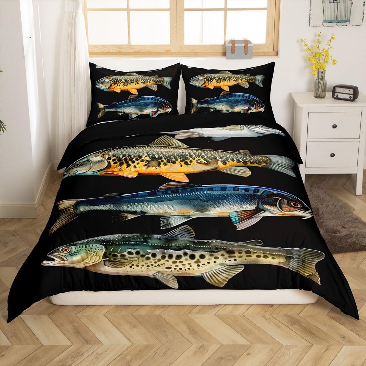 jejeloiu Fish Comforter Cover Toddler Kids Fishing and Hunting Bedding Set for Boys Girls Teens Nature Marine Animal Sealife Duvet Cover Room Decor（No Comforter