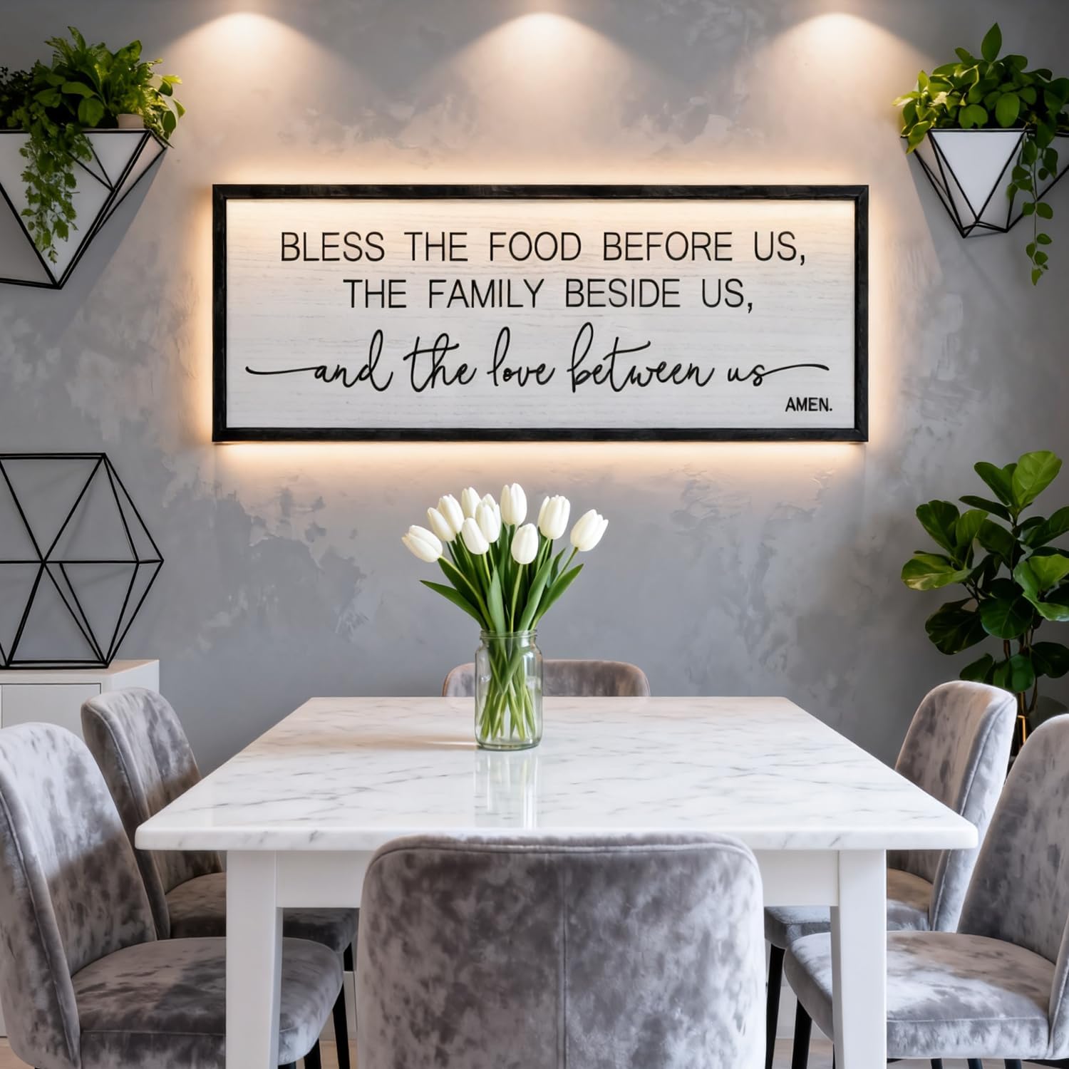 homuvdok Bless the Food Before Us, the Family Beside Us, and the Love between Us Wall Art for Dining Room, 40''×15'' Holy Positive Religious Rustic Bible Verse for Christian God Jesus Christ Prayer
