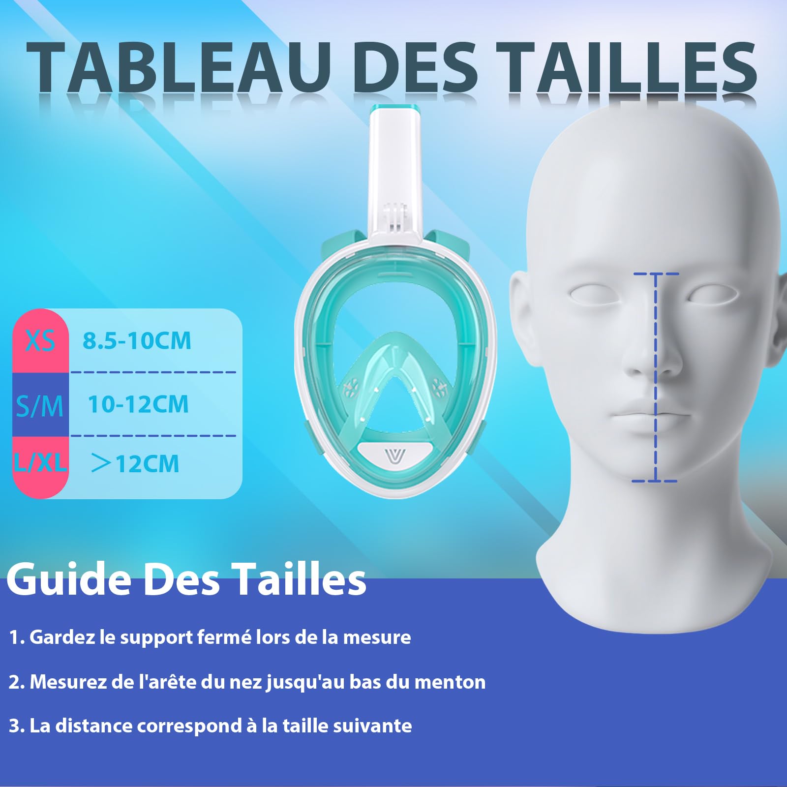 Vitare Masque de Plongée Intégral pour Adulte et Enfant, Masque Tuba avec Système Respiratoire Avancé et Technologie Antibuée, Masque Snorkeling Piscine avec Support de Caméra