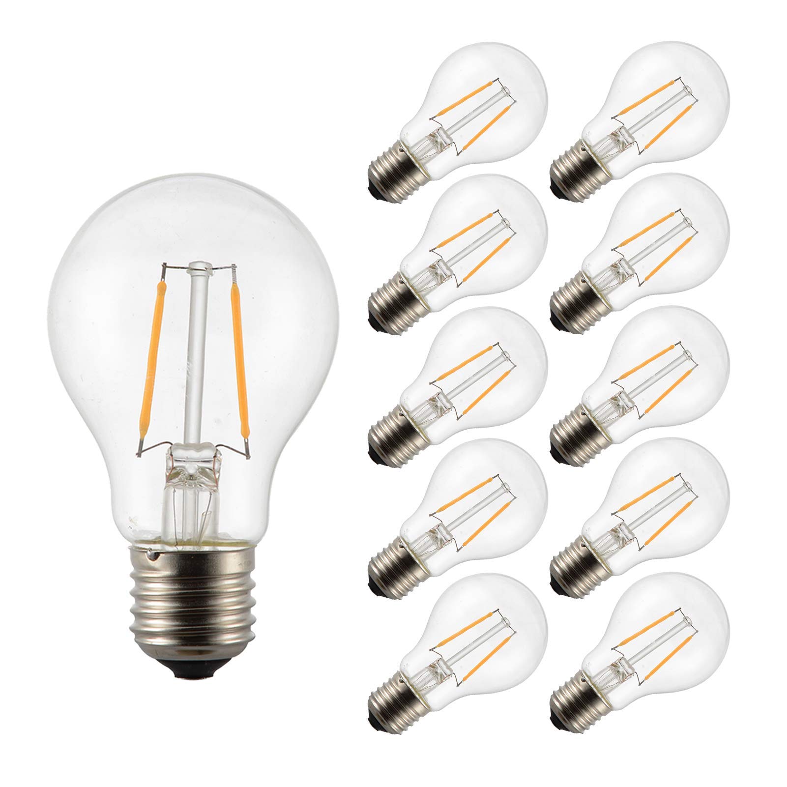 Un paquete 10 lámparas LED Lámpara regulable 2W, lámpara incandescente LED filamento, 360°; Lámpara LED con Ángulo Haz 20W Correspondiente, Lámpara Vidrio Edison Antigua, Cálido