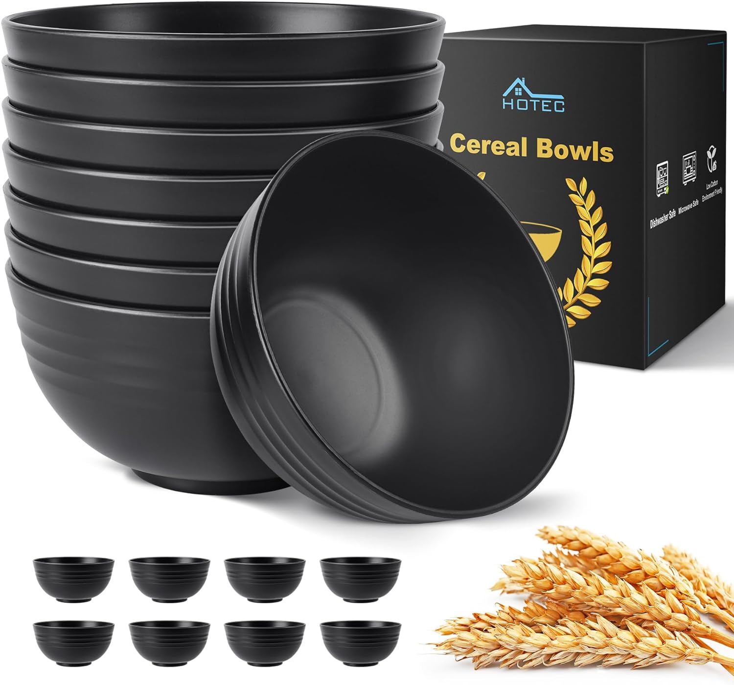 HOTEC BPA Free Unbreakable Wheat Straw Cereal Bowls – Microwave & Dishwasher Safe Soup and Salad Bowls, Set of 8, 26oz, Black