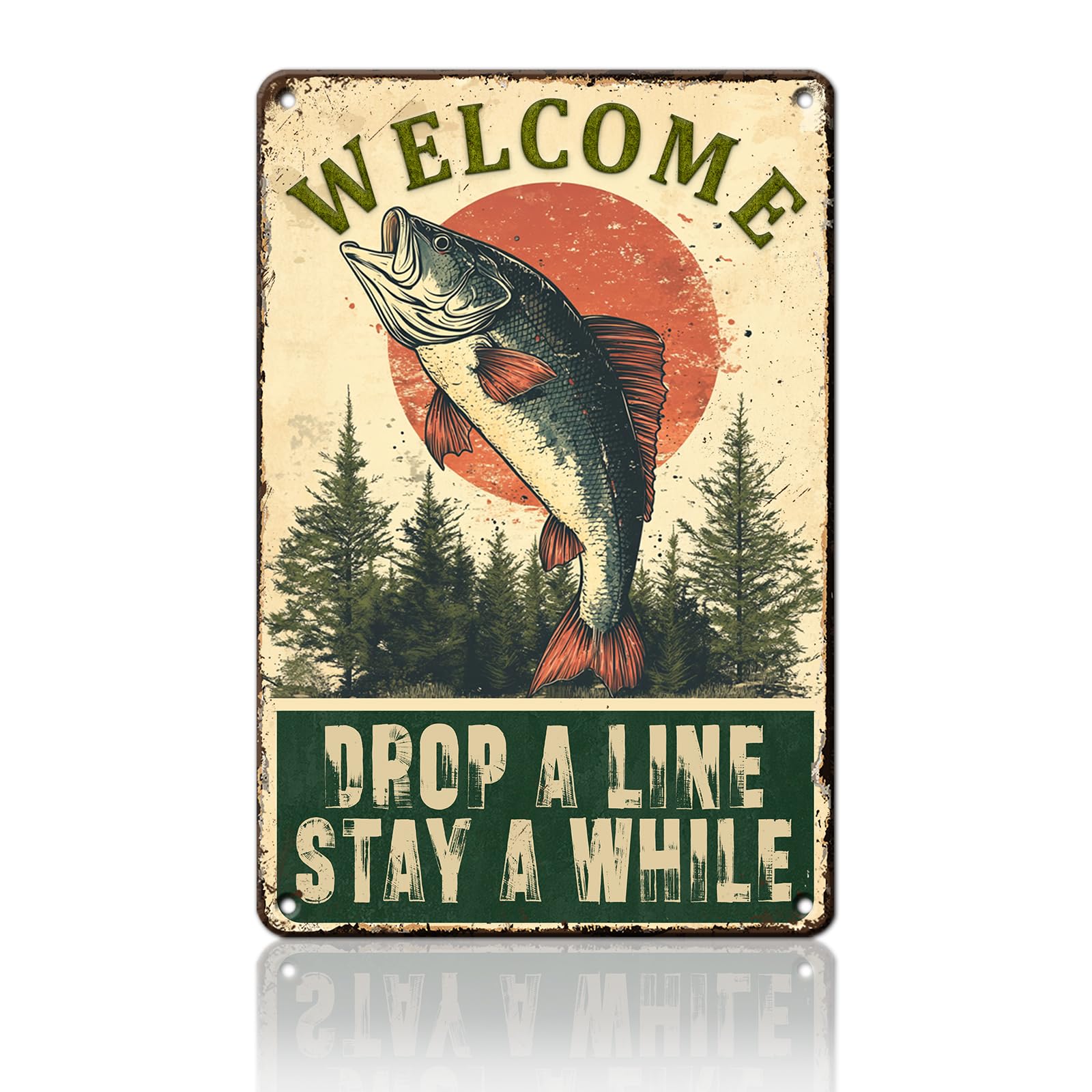 Anceky Welcome Drop A Line Classic Fishing Tin Sign Retro Metal Sign Wall Decor for Home Yard Outdoor Farmhouse Office 12×8 Inch