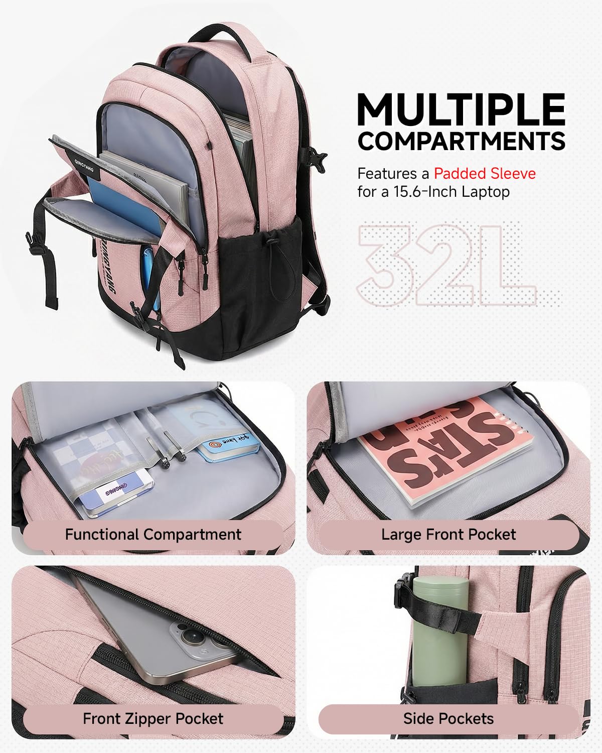 Mochila Escolar para Chicas Adolescentes, Mochilas Grande para Instituto de 32L Impermeable y Transpirable, Mochila Tipo Casual para Portátil de 15.6", 12+ años, Rosa