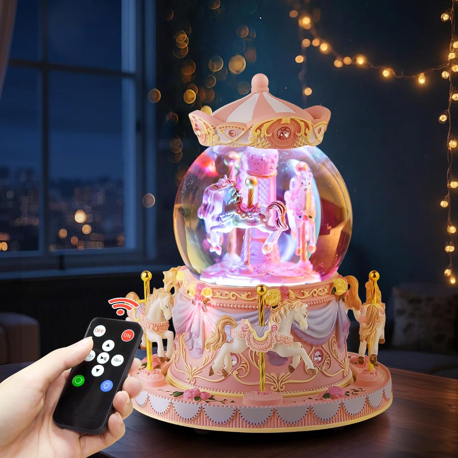 Upgraded Remote Control Carousel Snow Globe Music Box, Carousel Horses Musical Gift for Girls Women Daughter Wife, Romantic Christmas Anniversary Birthday Plays 64 Tunes