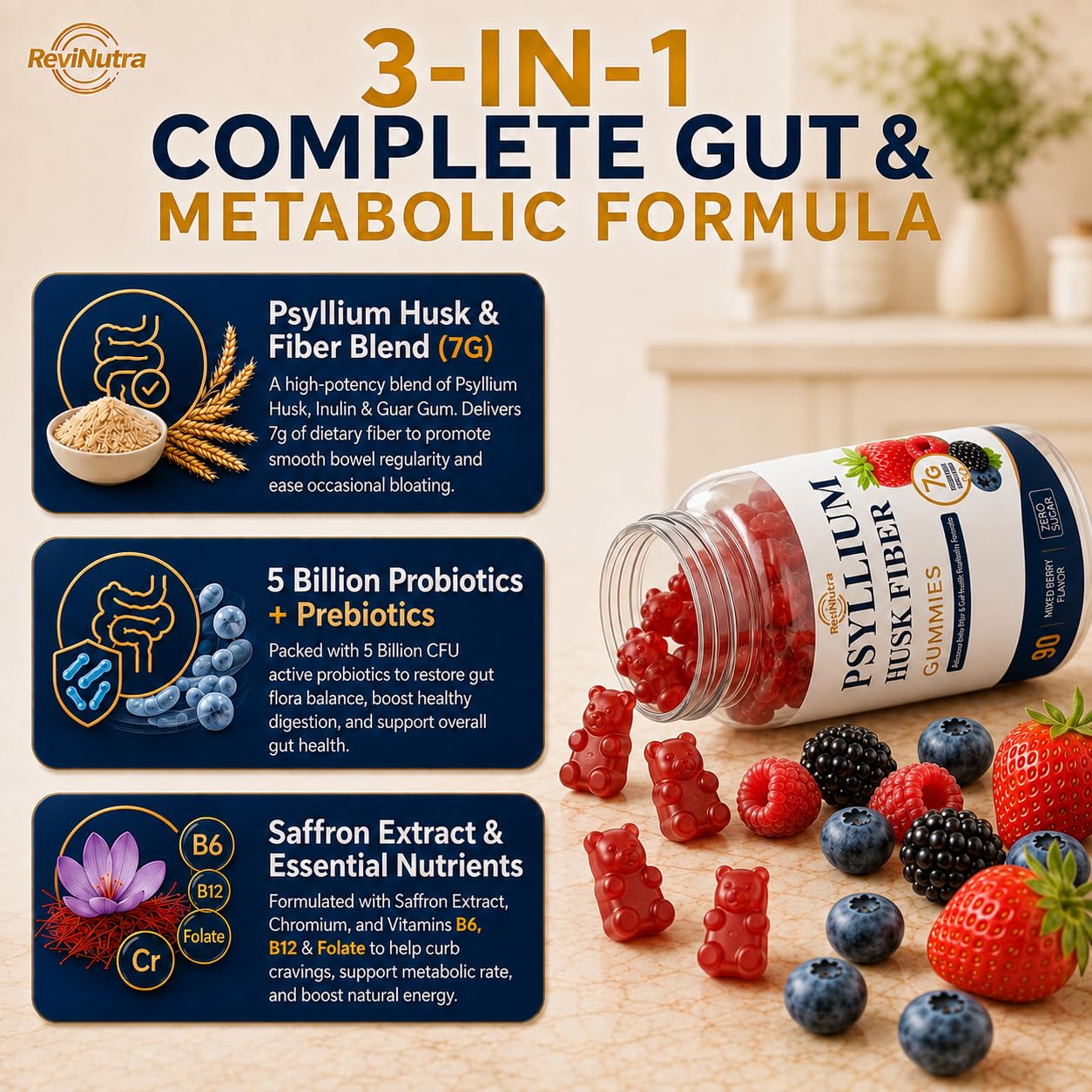 Fiber Gummies 7G for Adults Sugar Free, Psyllium Husk Fiber Supplement with Probiotics, Inulin, B-Vitamins, Folate for Digestive & Gut Health, Daily Regularity Support, Mixed Berry 90 Count — Amazon image 4