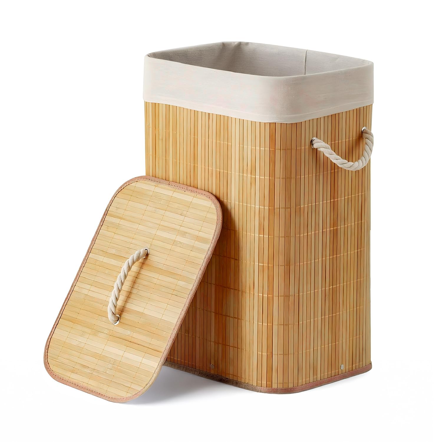 Flatro Natural Beige Bamboo Laundry Basket With Lid | 66L Large Collapsible Laundry Baskets | Foldable Corner Bamboo Washing Hamper | Clothes Laundry Hamper Basket With Removeable & Machine-Washable Bag