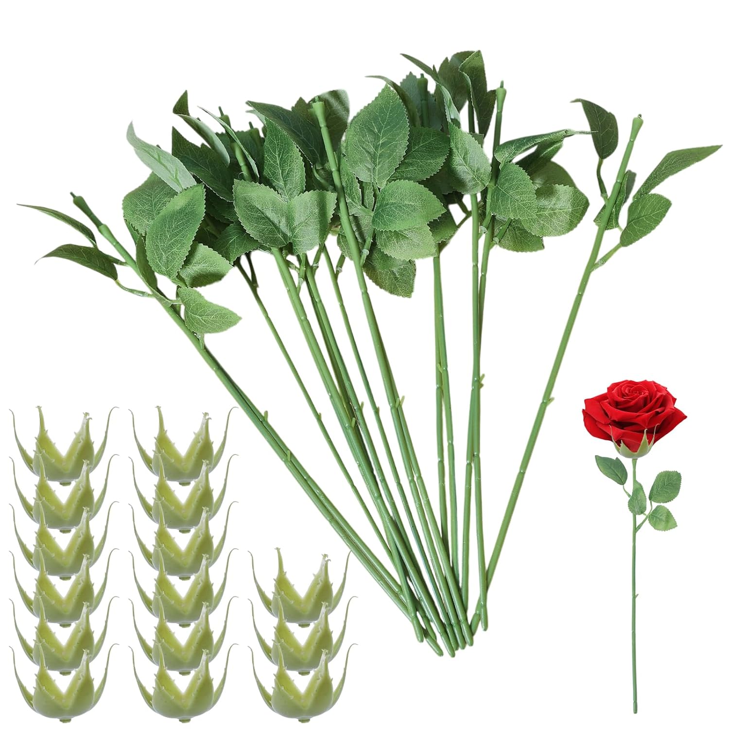 25Pcs Floral Wire Stem with Leaves 25Pcs Artificial Flower Calyxes Set Faux Rose Stems Plastic Flower Sepal DIY Craft Bouquet Wedding Floral Arrangement Tools