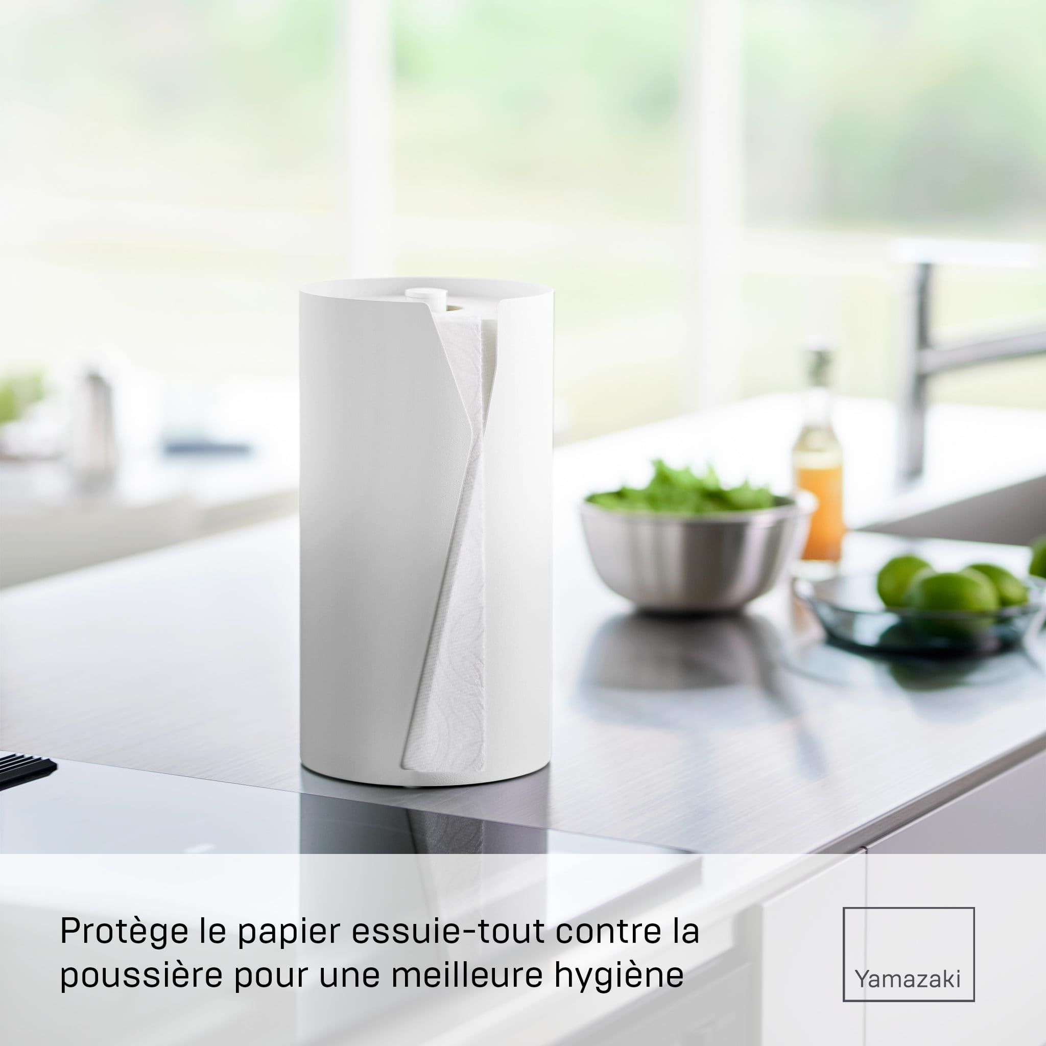 Yamazaki Tower Porte essuie-Tout Rond, en Acier - Distributeur de Papier Cuisine fermé, Design hygiénique, Stable et Compact, Utilisation à Une Main - 16 x 16 x 30,2 cm, Design Japonais, Blanc
