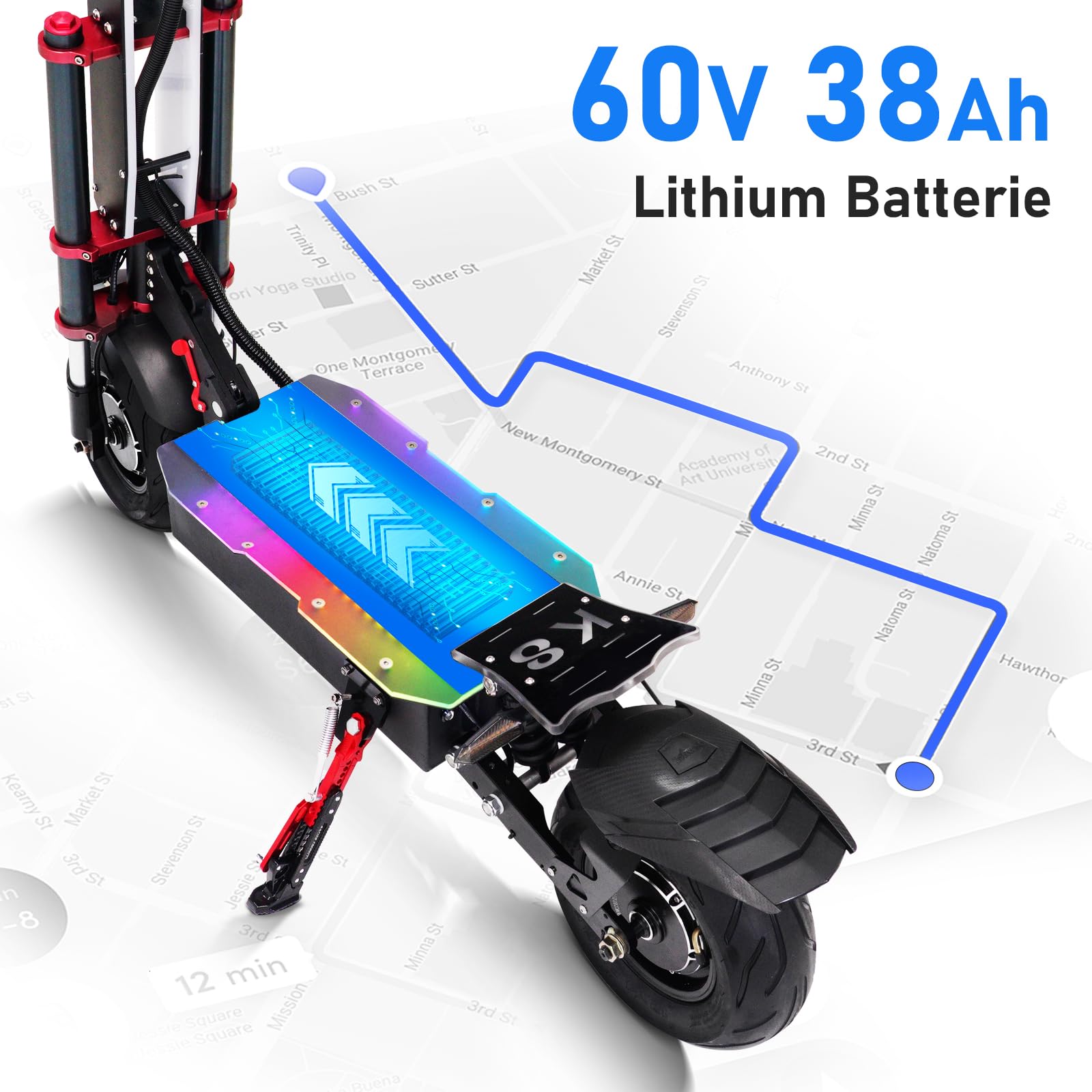 Hulajnoga elektryczna Lohang dla dorosłych, podwójne silniki, akumulator 60 V 38 Ah, zasięg 100 KM, opony 12", podwójne amortyzatory, podwójne hydrauliczne hamulce tarczowe, składane, nośność 250 kg