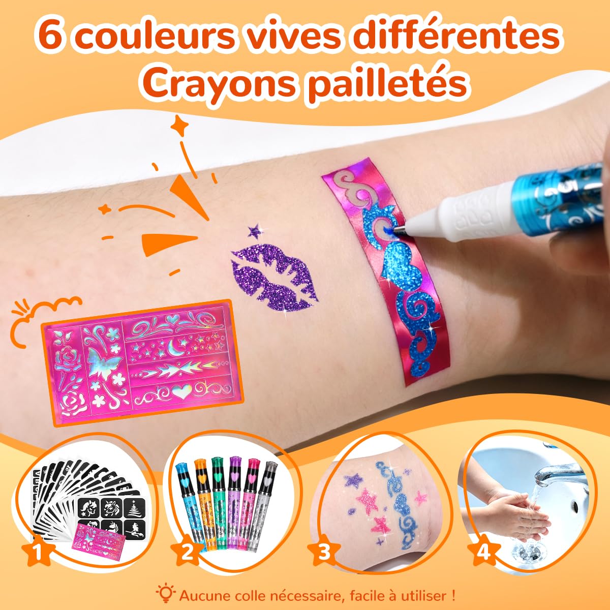 Bledras Kit Tatouage Paillettes Enfant Filles, 31 Couleurs de Paillettes Tatouage Ephemere, 6 Stylos à Paillettes, 178 Pochoirs, Tatouage Enfant pour Carnaval, Noël, Maquillage de fête Masquée
