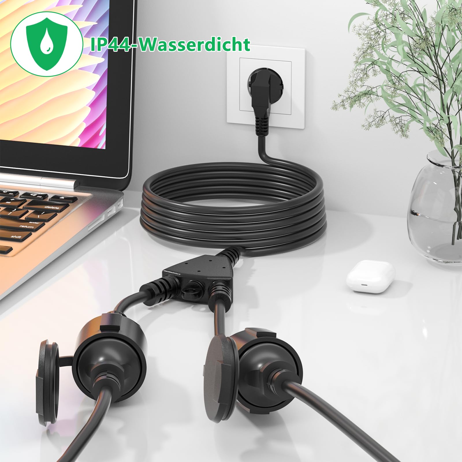 Cable de extensión 7M Schuko con 2 enchufes, Cable de extensión IP44 Impermeable, Cable de Corriente de extensión – para el Exterior, para el jardín, Taller, Sitio de construcción (16A/250V, Negro)