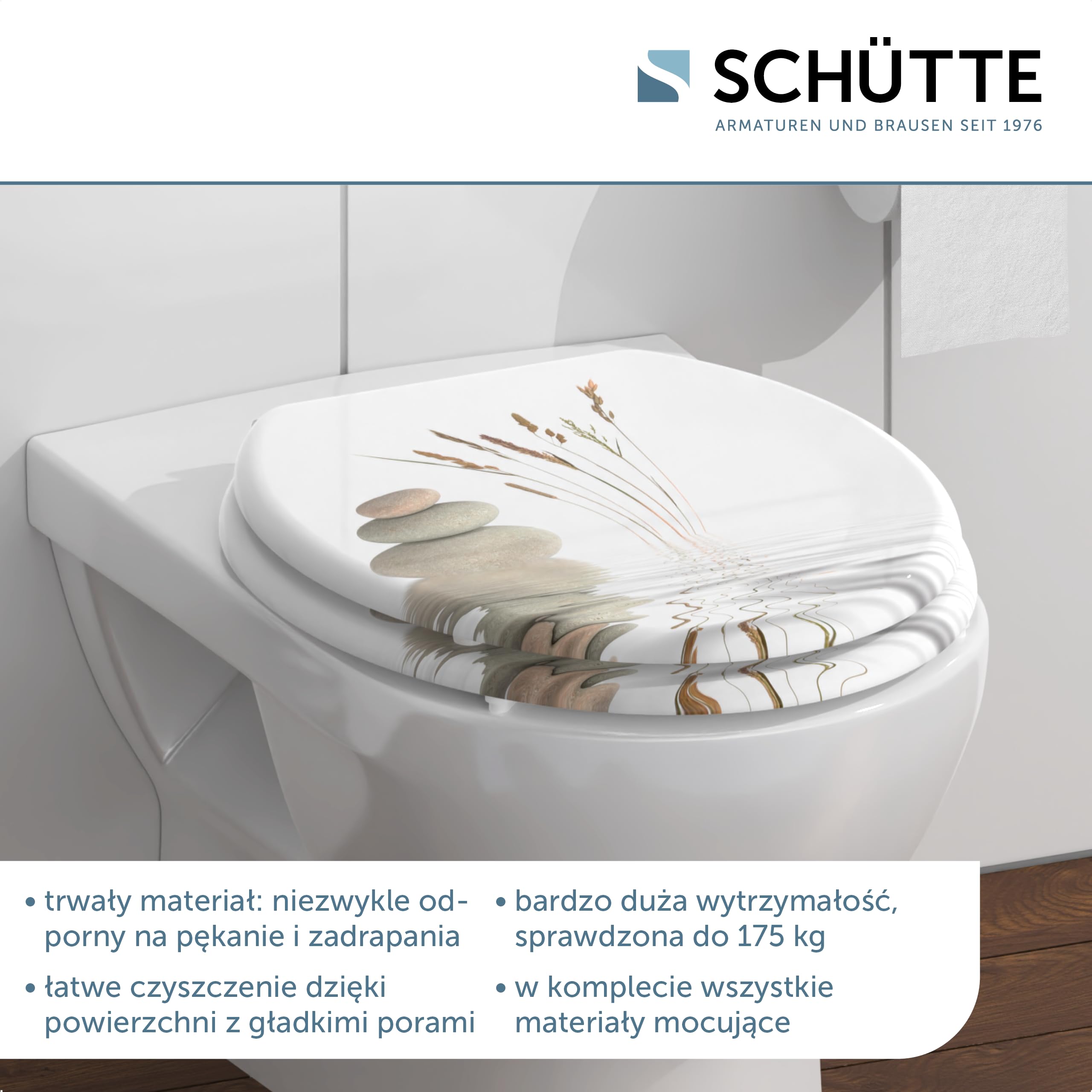 SCHÜTTE 80022 deska sedesowa z drewnianym rdzeniem, pasuje do wszystkich dostępnych na rynku muszli klozetowych, maksymalne obciążenie deski sedesowej 150 kg, motyw kamieni na okularach i pokrywie