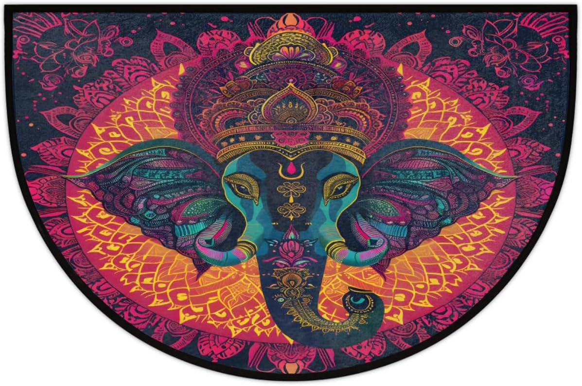 Indian Elephant Half Round Door Mat Doormat Tribe Elephant Semi Circle Area Rug Non Slip Outdoor Indoor Entrance Half Moon Mats Welcome Mat Front Door for Bathroom Kitchen Fireplace Patio
