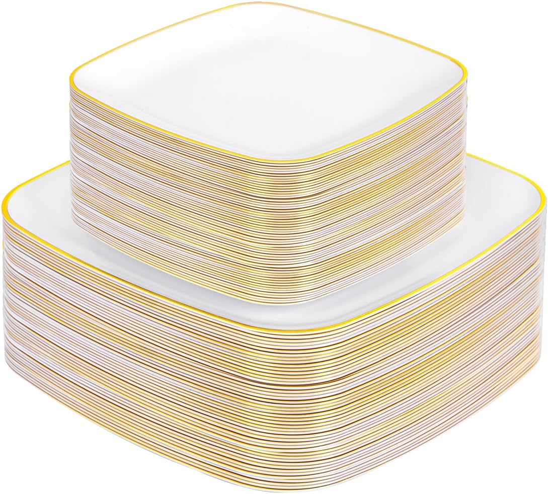 bUCLA 100PCS White Plates with Gold Trim - Heavy Duty White Gold Square Disposable - Include 50 Each (10 inch Dinner & 7.25 inch Dessert) Plates for Party & Wedding