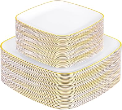 bUCLA 100PCS White Plates with Gold Trim - Heavy Duty White Gold Square Disposable - Include 50 Each 10 inch Dinner & 7.25 inch Dessert Plates for Party & Wedding