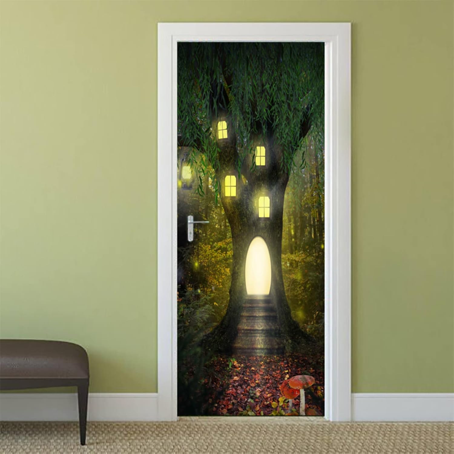 3D Door Murals Cartoon Mushroom Tree House Kids Bedroom