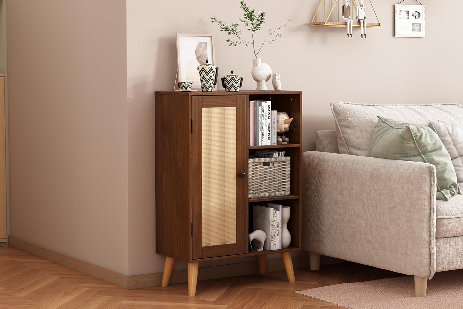 Modern Minimalist Wooden Storage Cabinet with Rattan Doors, Rattan Floral Trim, Multi-Purpose Storage Cabinet for Living Room and Bedroom (Walnut)