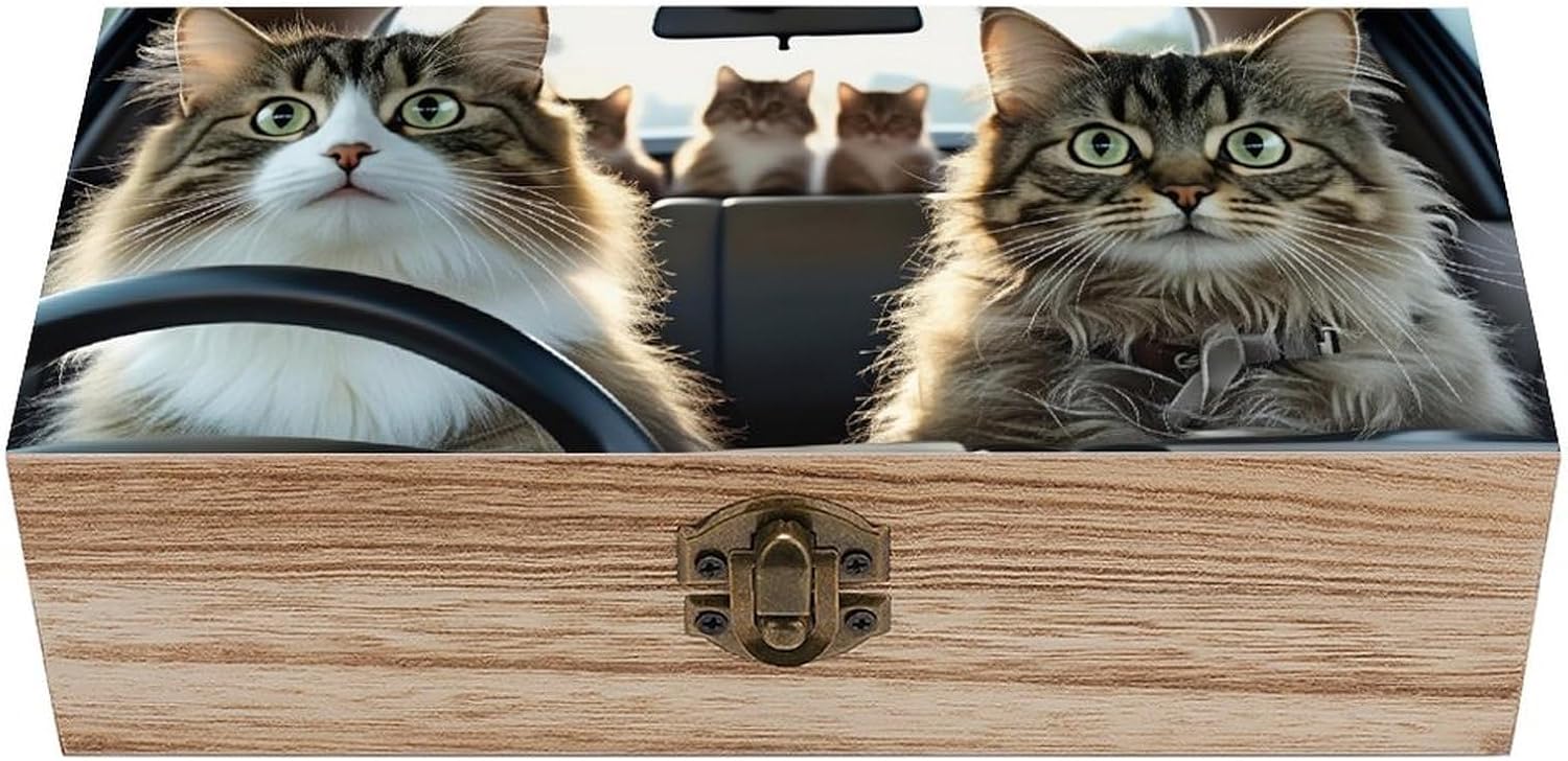 Cats Driving Car Funny PetWooden Storage Box 7.9"x3.9"x2.3",Retro Solid Wood Hinged Lid Organizer for Keepsakes Jewelry Photo Decor Gift