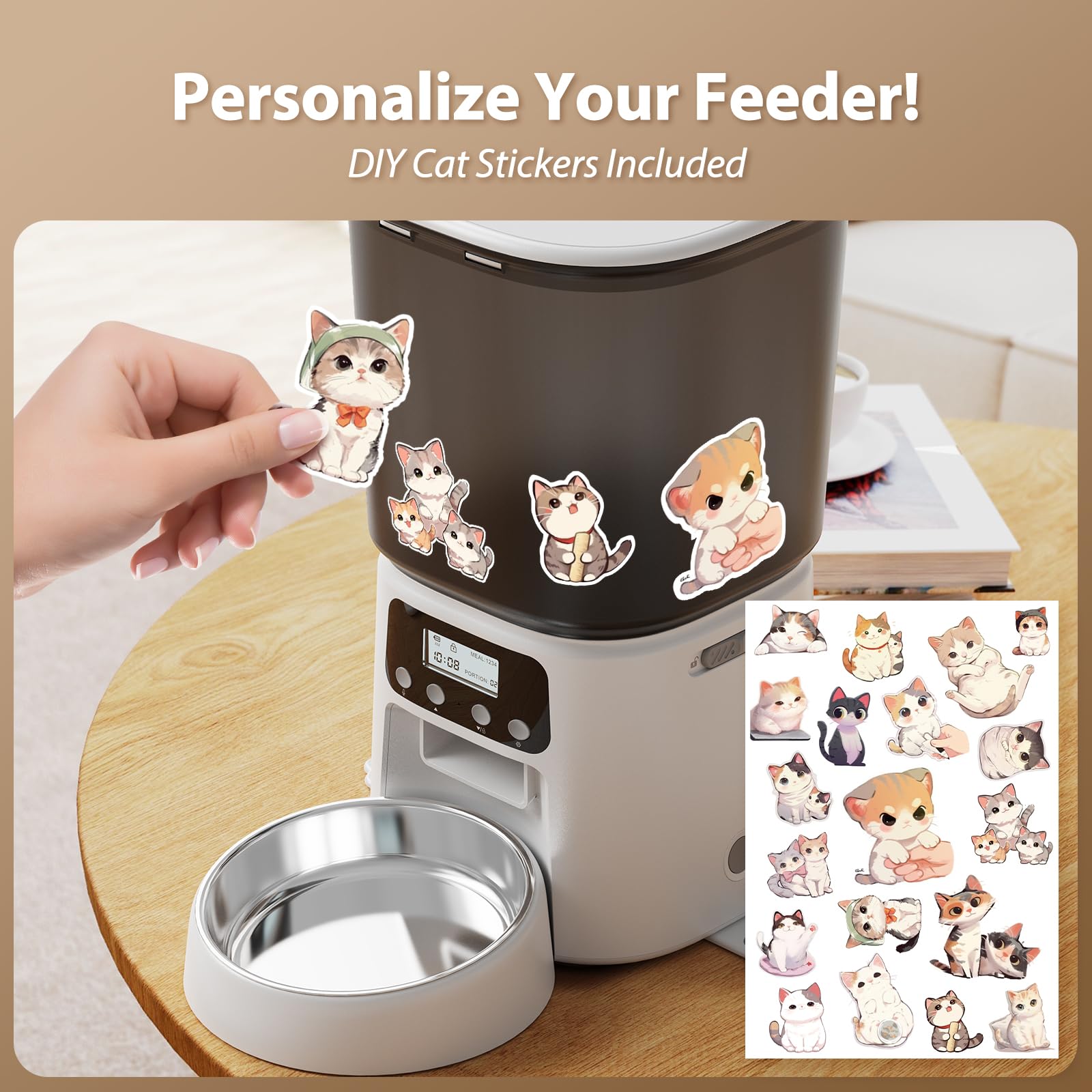 Automatic Cat Feeder, 4L/16Cups Cat Food Dispenser with Stainless Steel Bowl 30 Portions 6 Meals per Day, Programmable Auto Cat Feeder for Kitty Small Dogs with 10S Voice Record, White - image 8