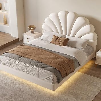 OUDINI Petal Cream Style Suspended Mattress Bed Modern King Size Upholstered Bed Frame Strong Wood Slats Support Noise Free