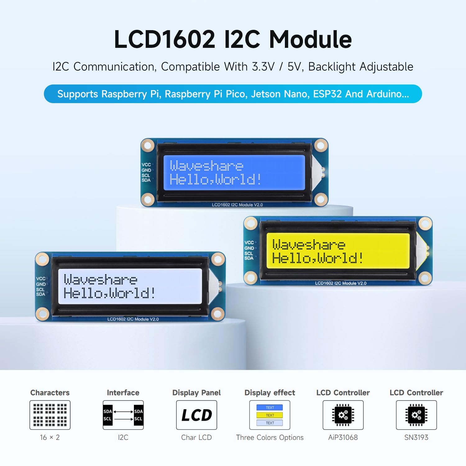 Display Arduino Waveshare LCD1602 I2C Module For Raspberry Pi ...