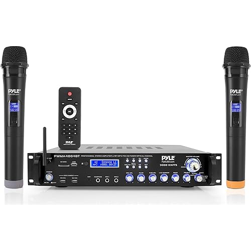 Pyle Bluetooth Multi-Channel Hybrid Pre-Amplifier System - 3000W Home Audio Rack Mount Stereo Power Amplifier Receiver w/ Radio, USB, UHF, Dual Wireless Karaoke mic, Speaker Sound System - PWMA4004BT