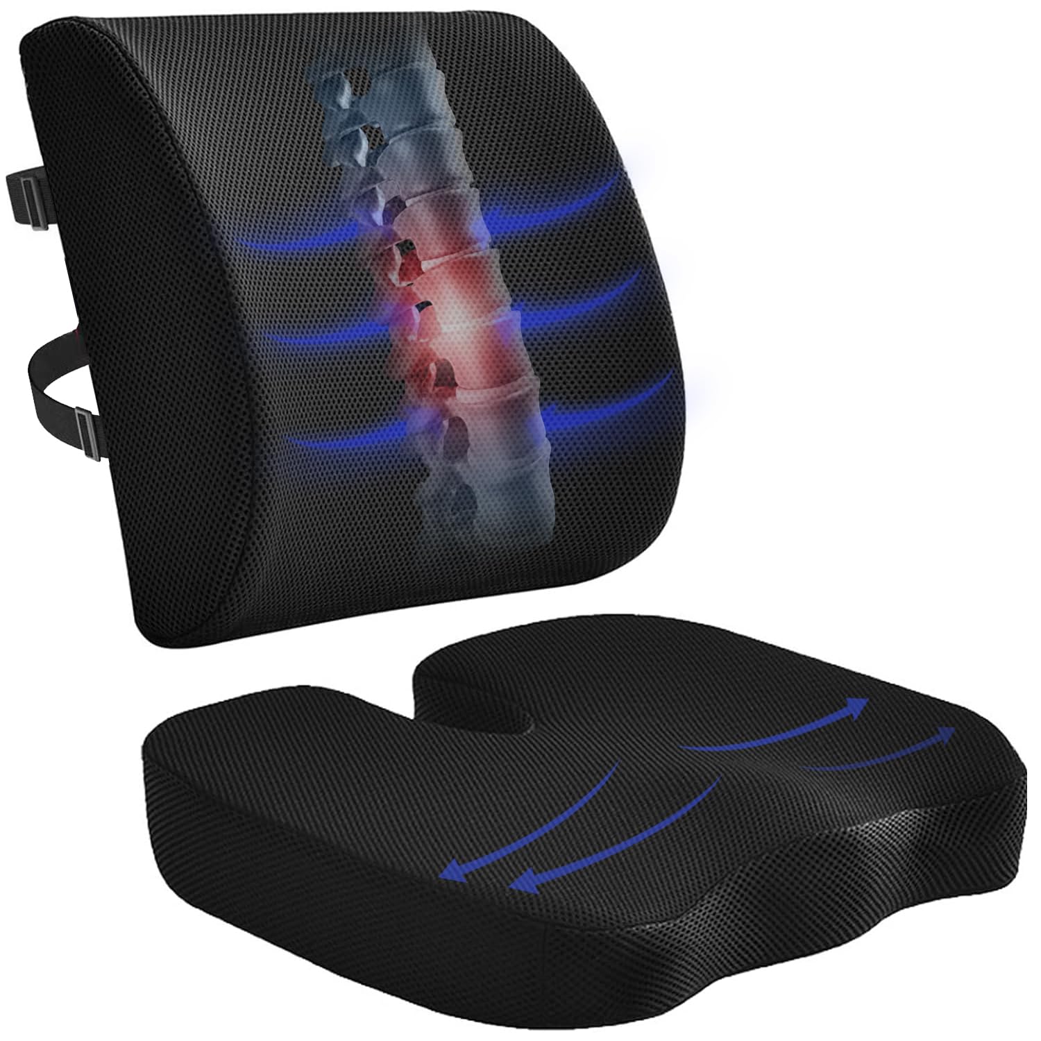 Senaire Seat Cushion & Lumbar Support Pillow, Memory Foam Coccyx Cushion for Tailbone Pain Sciatica Hemorrhoid Bum Lower Back Pain Relief, Ergonomic Pillow for Office Chair Car Wheelchair Gaming Desk