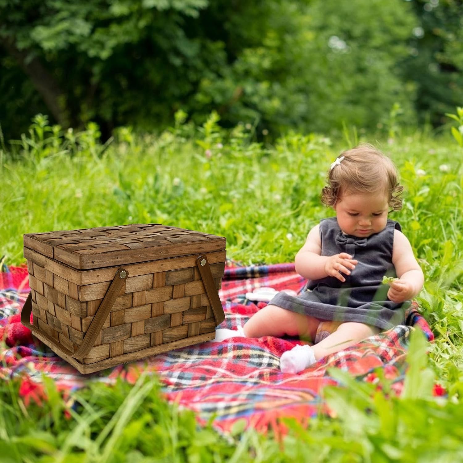 Portable Hand-Woven Picnic Basket with Lid, Handmade Coffee Color Storage Basket for Outdoor Camping, Bread and Fruit Holder