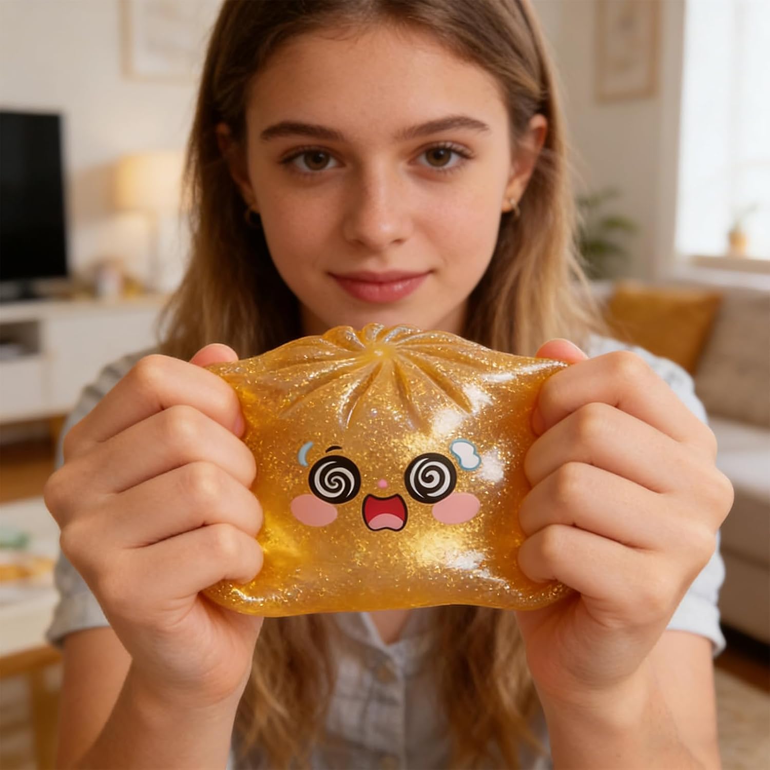 Glitter Dumpling Squishy,Squishy Dumpling Toy,Slow Rise Stress Relief Toy with Steamer Box,Stress Relief Soft Squeeze Decompression Dough for Adults ,for Office Desk & Home Use (Golden)