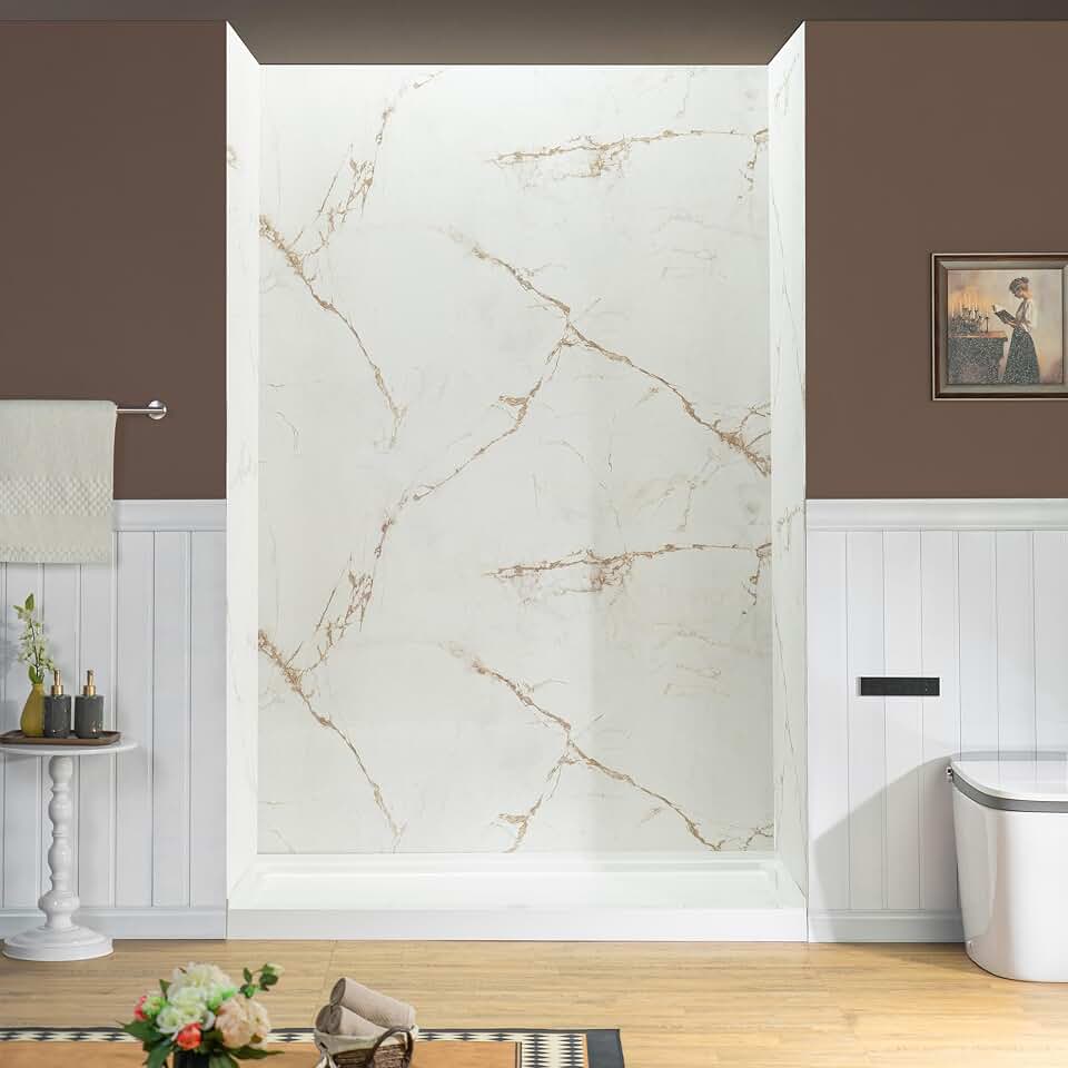 Woodbridge 60" W x 96" H 3-Piece Solid Surface Tile Tub and Shower Wall Panel Surround Kit in Beige Marble with Soft Brown Veining, Quick Install and Trimmable, 3/16" (5mm) Thick