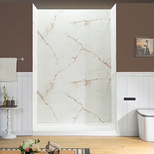 Woodbridge 60" W x 96" H 3-Piece Solid Surface Tile Tub and Shower Wall Panel Surround Kit in Beige Marble with Soft Brown Veining (High Gloss Finish), Quick Install and Trimmable, 3/16" (5mm) Thick